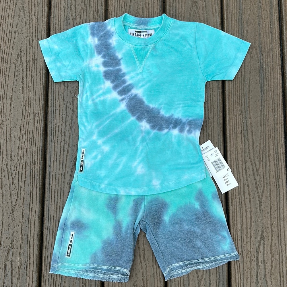NWT Vintage Havana Boy’s Aqua Blue Turquoise Tie Dye Short and T shirt Set Sz 4